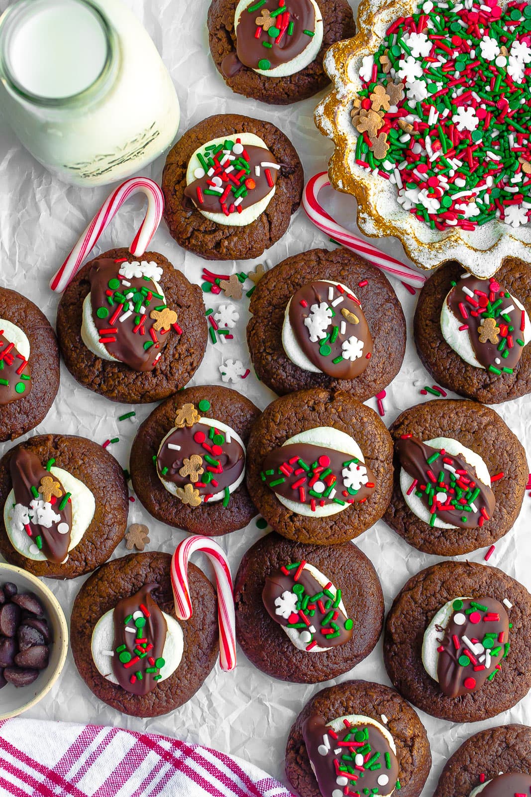 Hot chocolate cookies with candy canes and sprinkles.