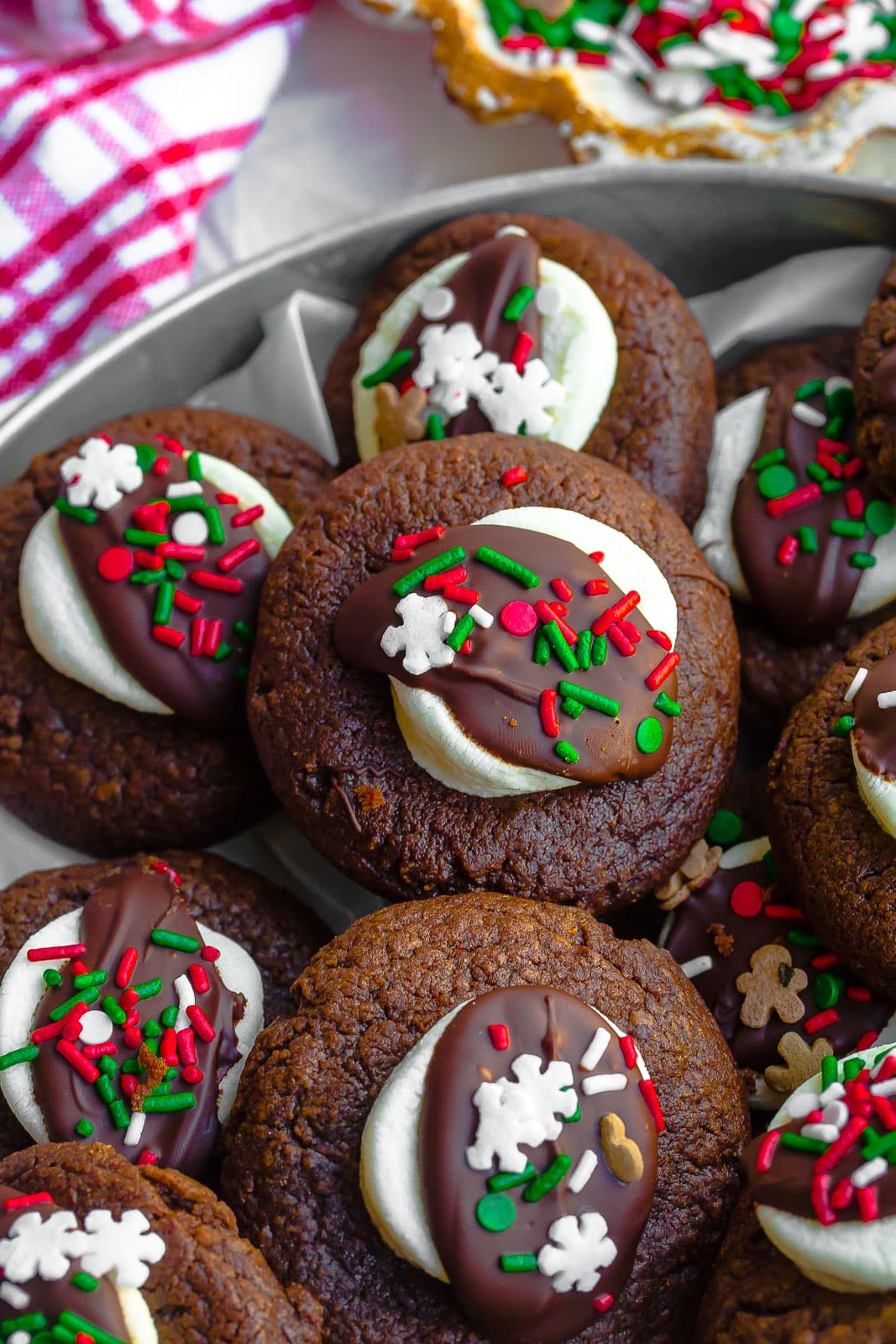 Hot chocolate cookies in a silver tin tray.