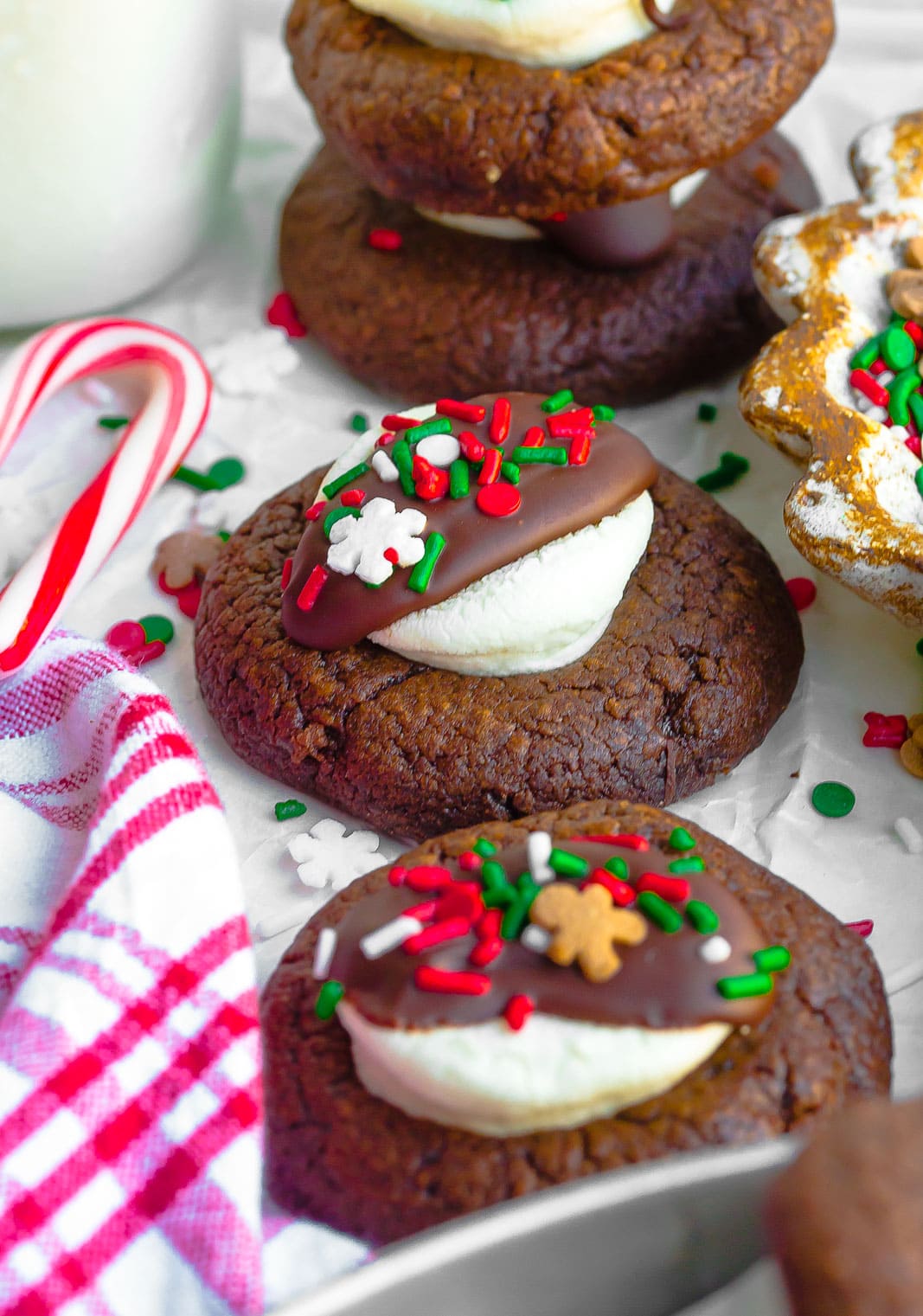 Hot chocolate cookies on parchment paper.