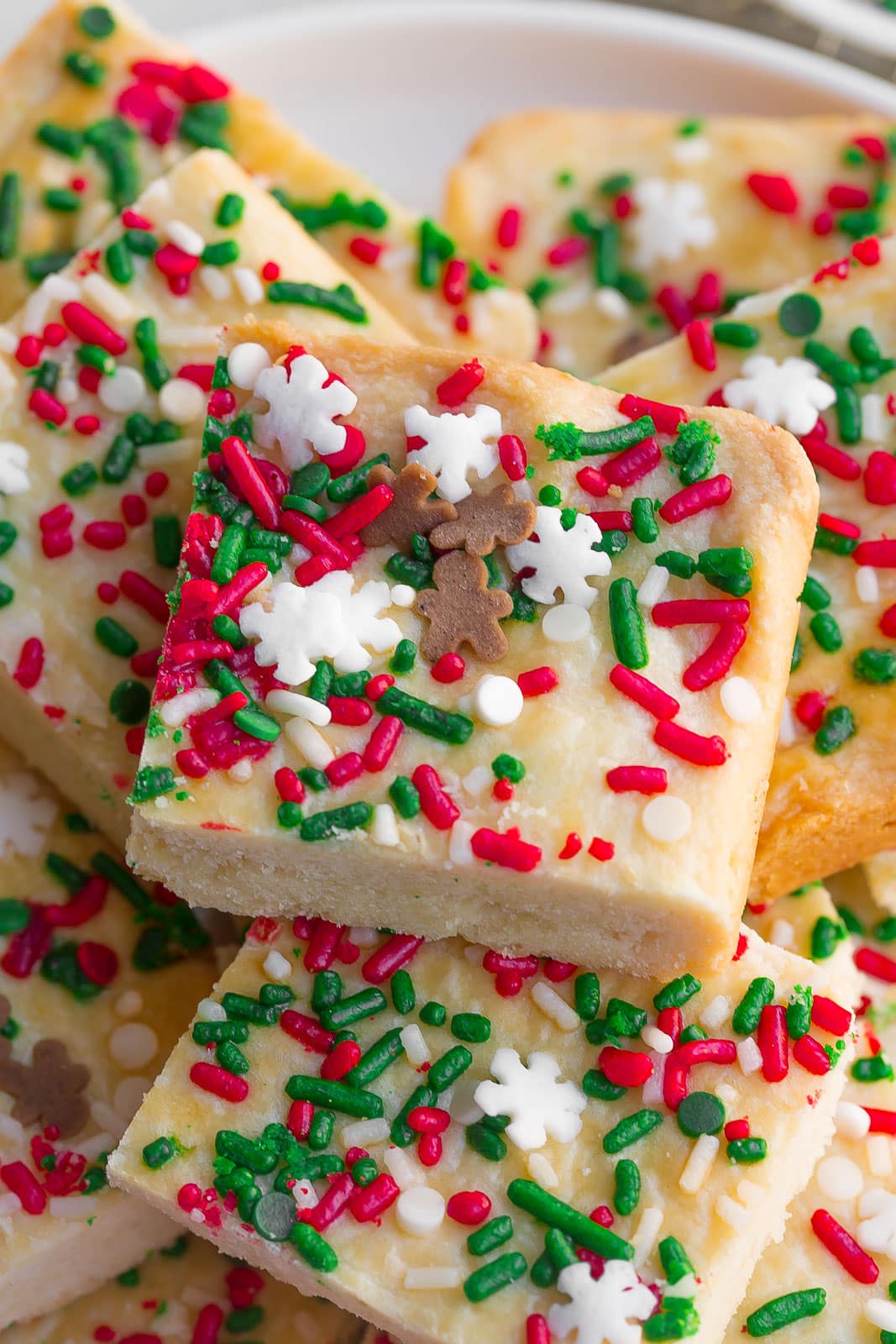 Close up of shortbread cookie bar with sprinkles.