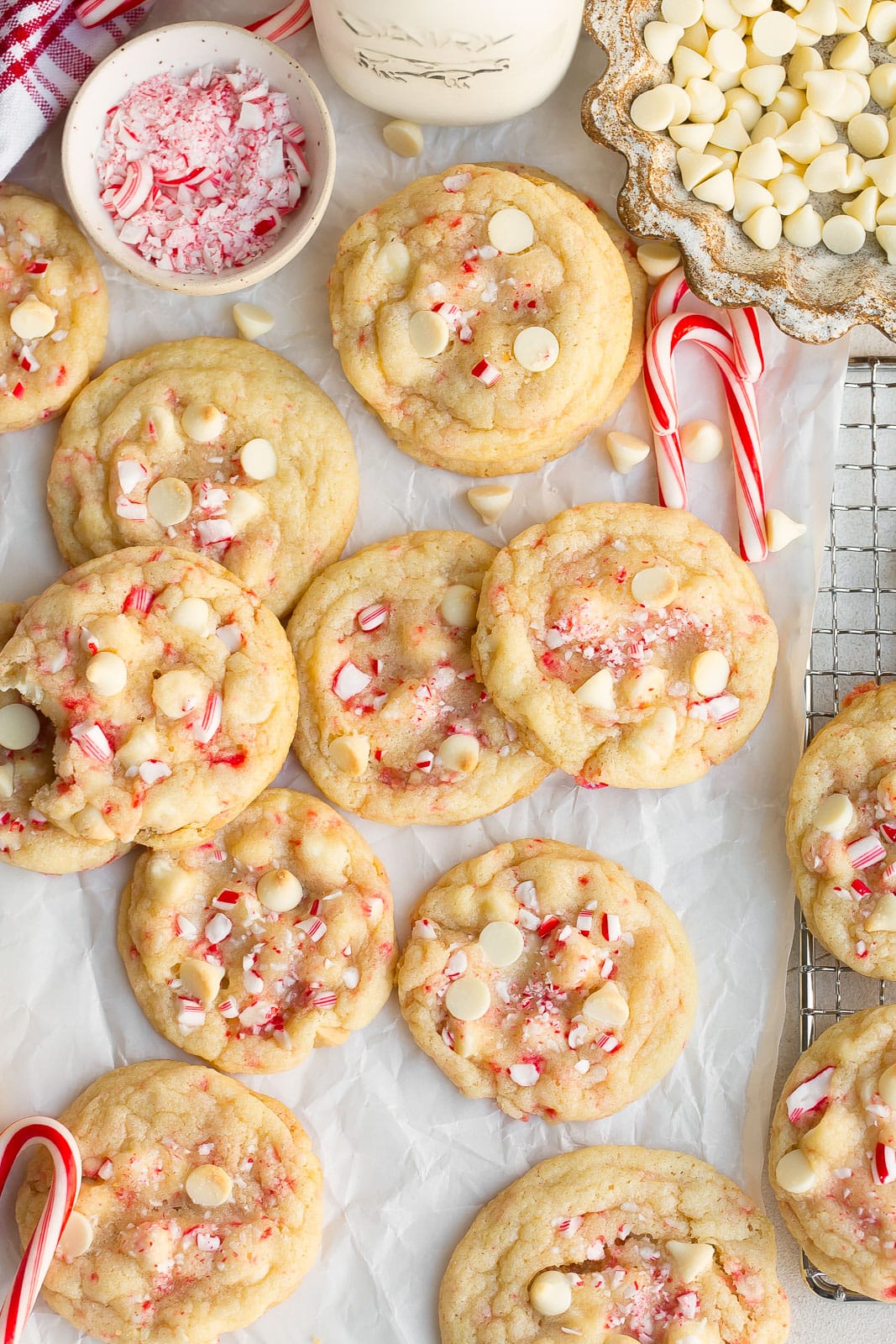 White Chocolate Peppermint Cookies on parchment paper.
