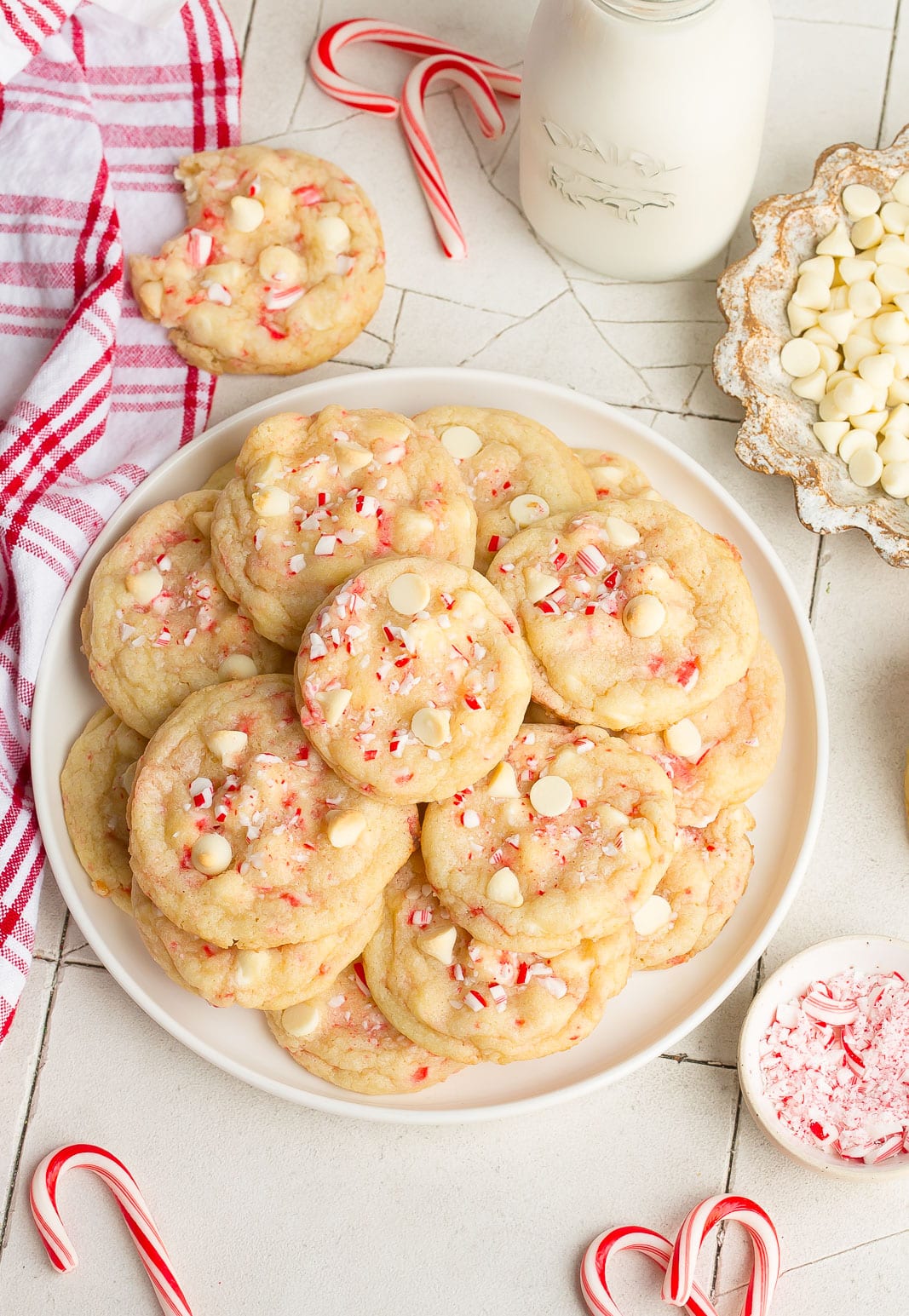 Plate of white chocolate peppermint cookies.
