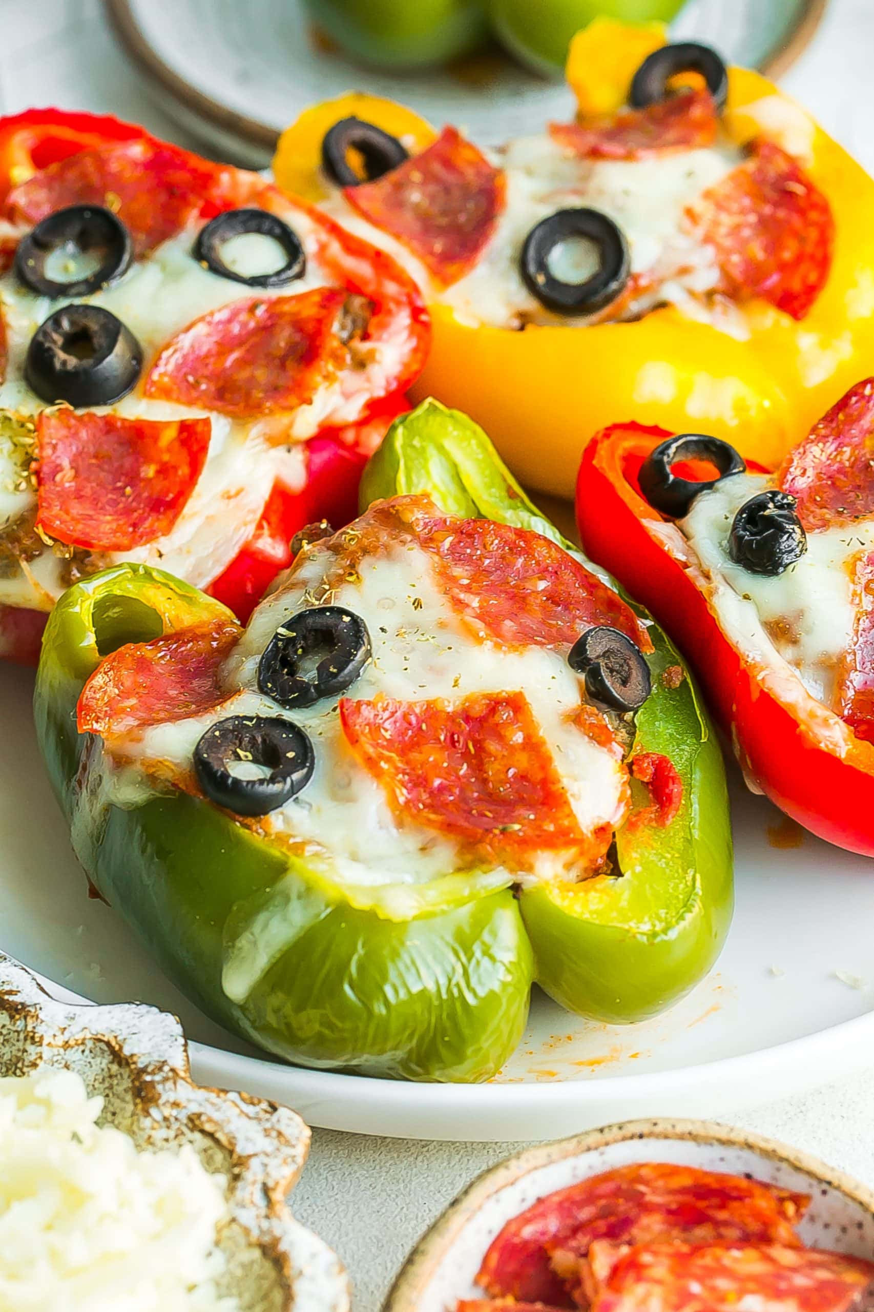 Pizza Stuffed Peppers with pepperoni and olives. 