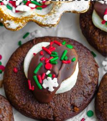 Close up of hot chocolate cookies with sprinkles on top.