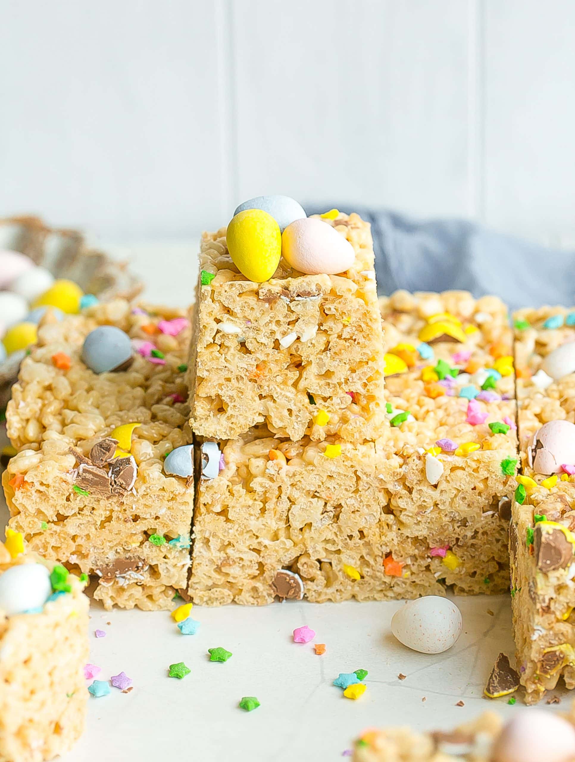 Easter Rice Krispie Treats with chocolate eggs on top.