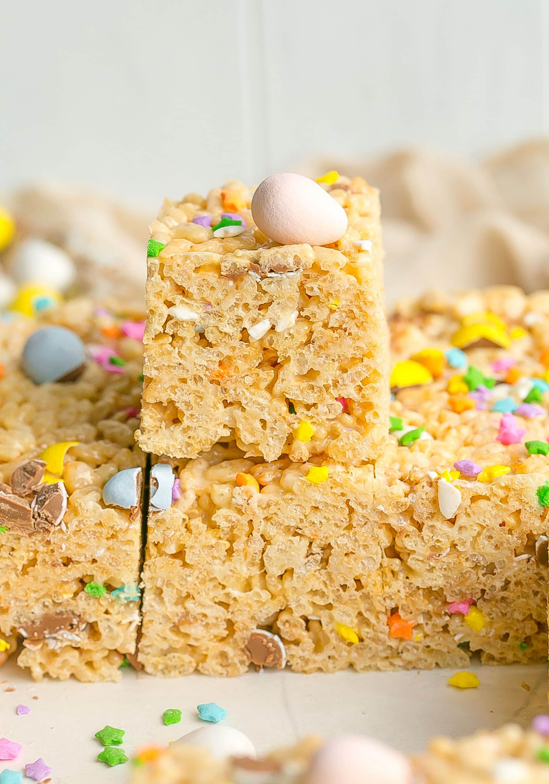 Close up stack of Easter Rice Krispie Treats.