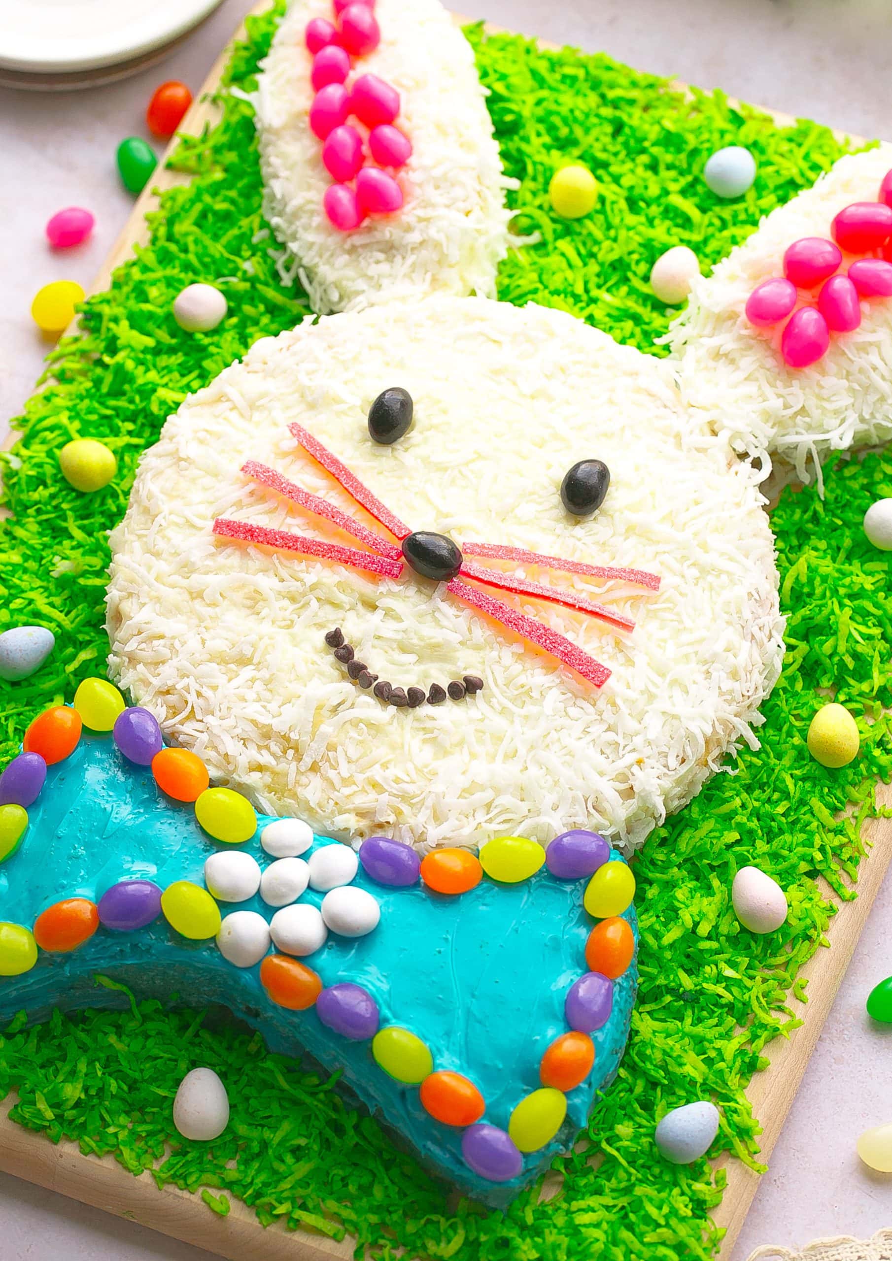 Side view of Easy Easter Bunny Cake. 