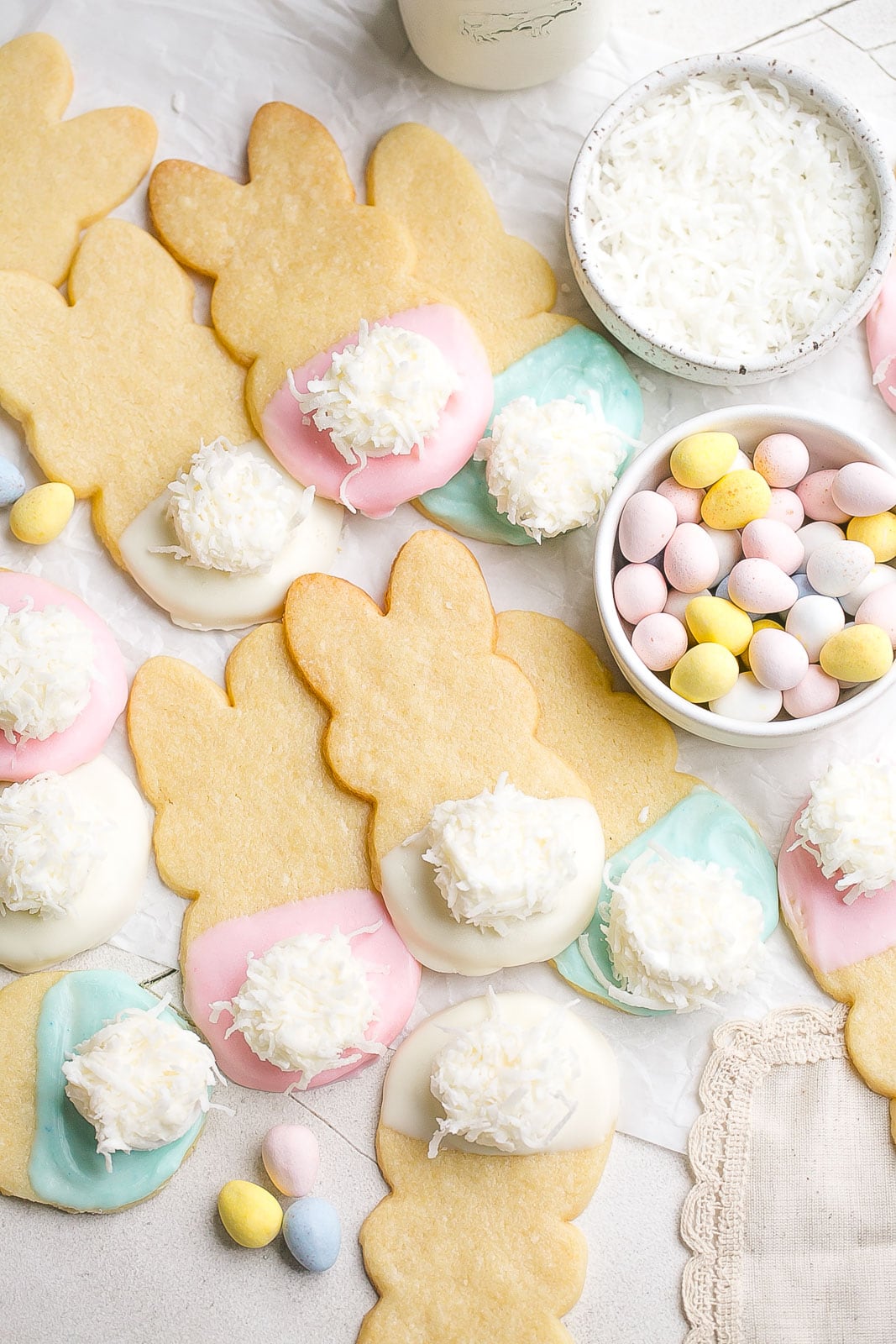 Easter Bunny Sugar Cookies with coconut bunny tails.