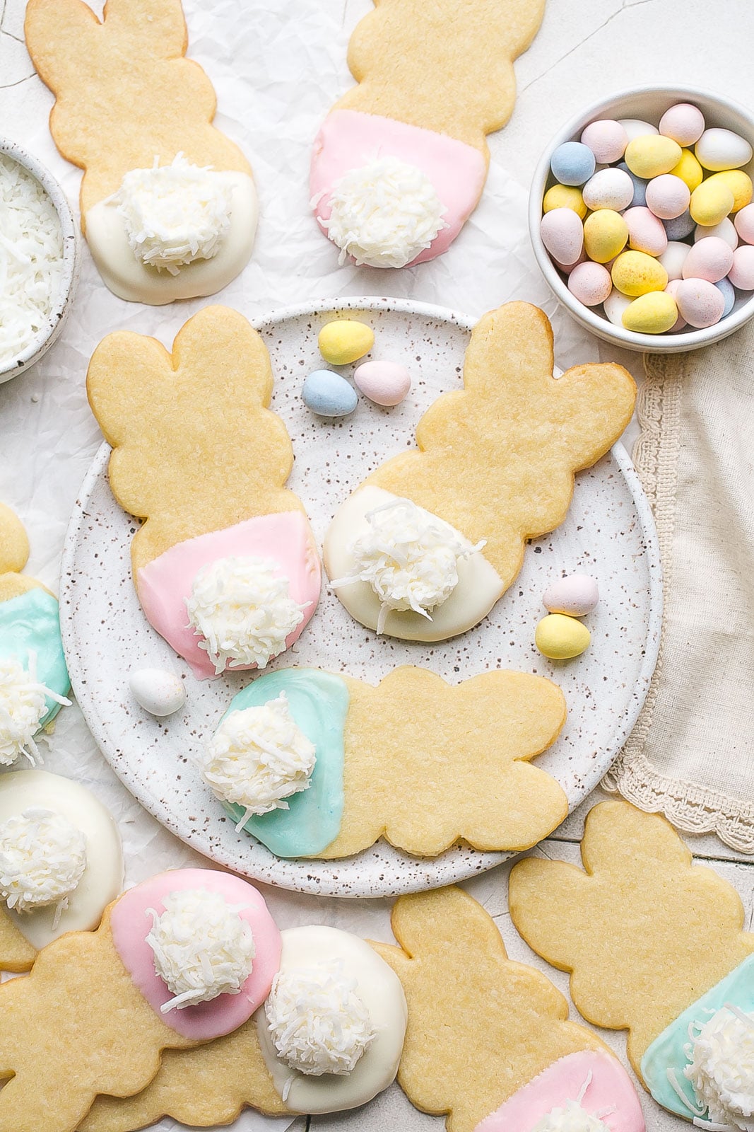 Easter Bunny Cookies on a speckled plate.