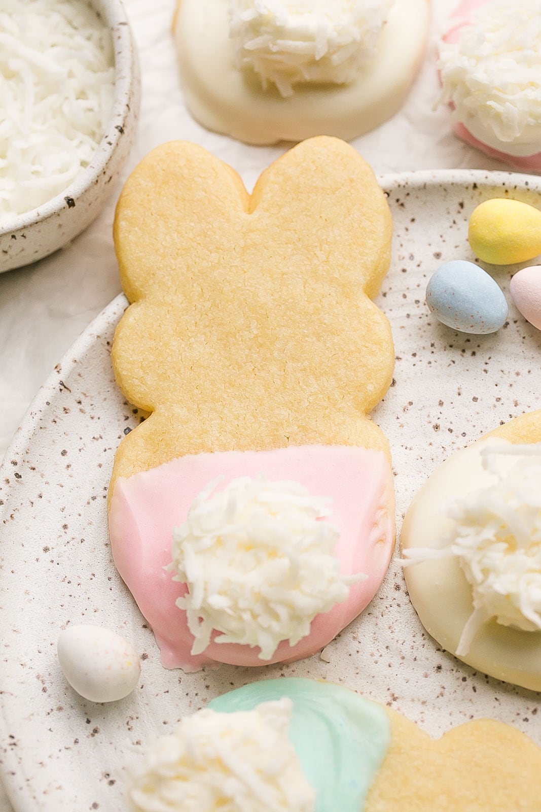 Close up of a bunny shaped cookie.