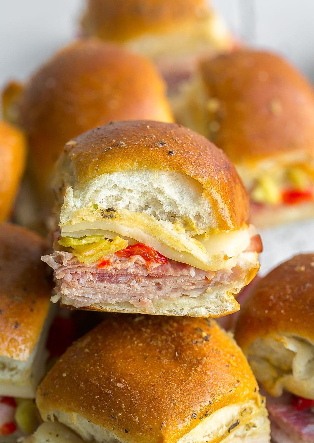 Bread rolls stuffed with meats and cheese. 
