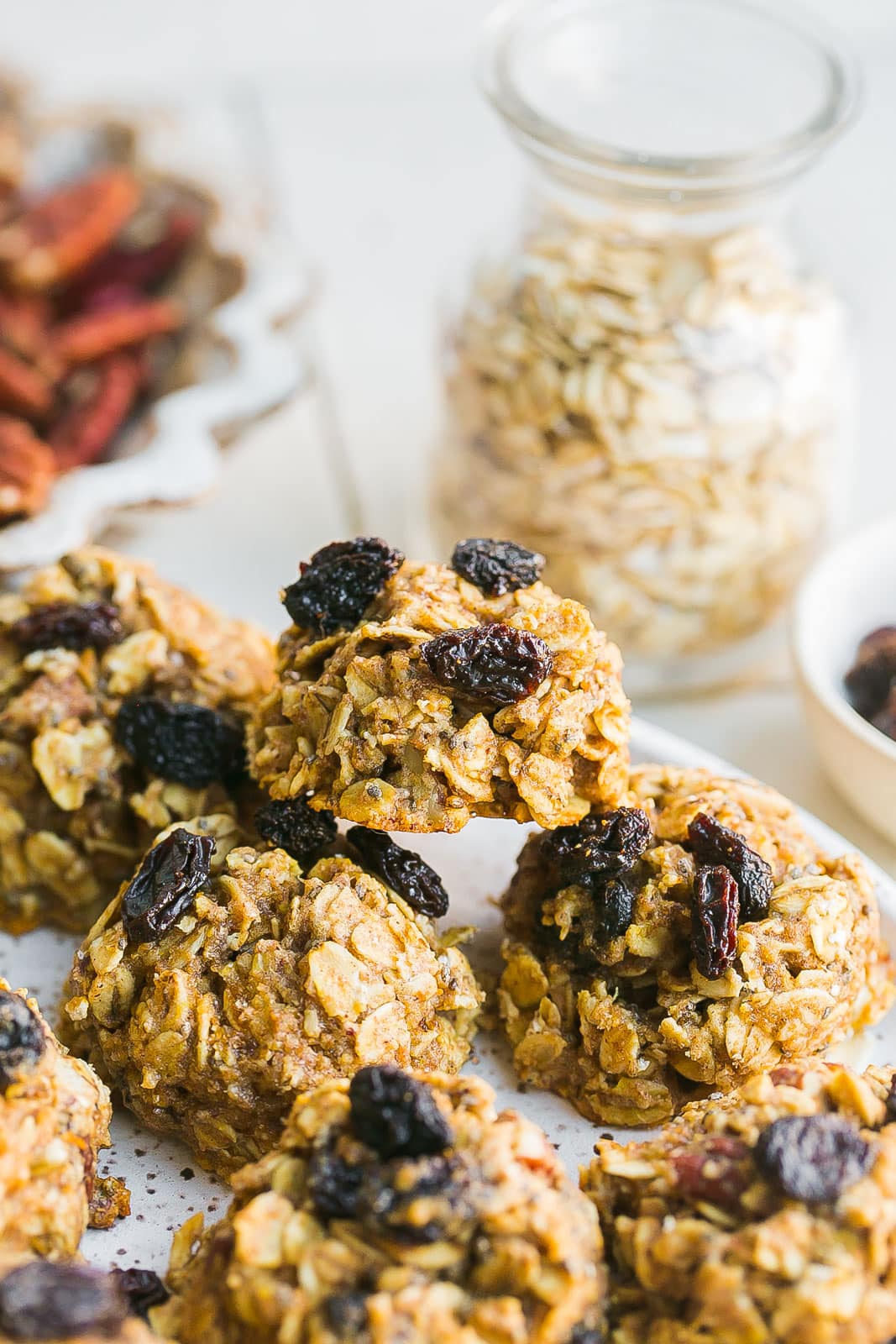 Oatmeal cookies with raisins on top.