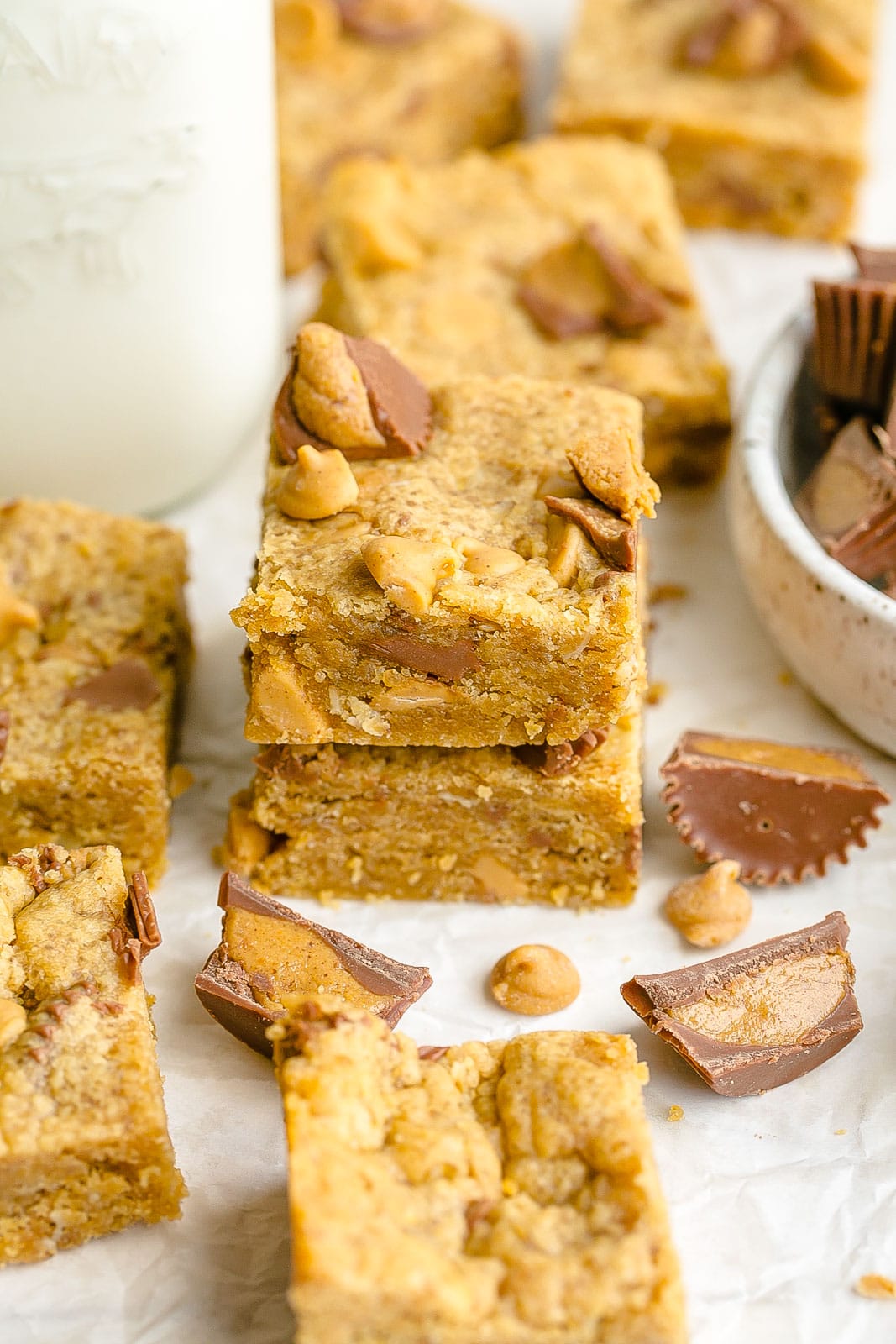 Peanut Butter Cookie Bars with peanut butter candy. 