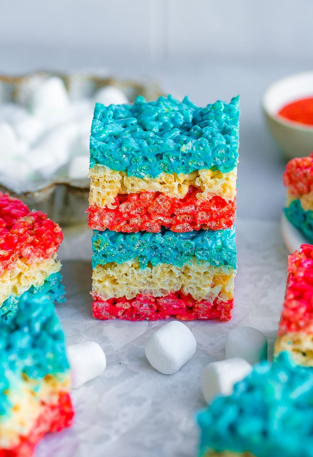 Stack of 4th of July Rice Krispie Treats.
