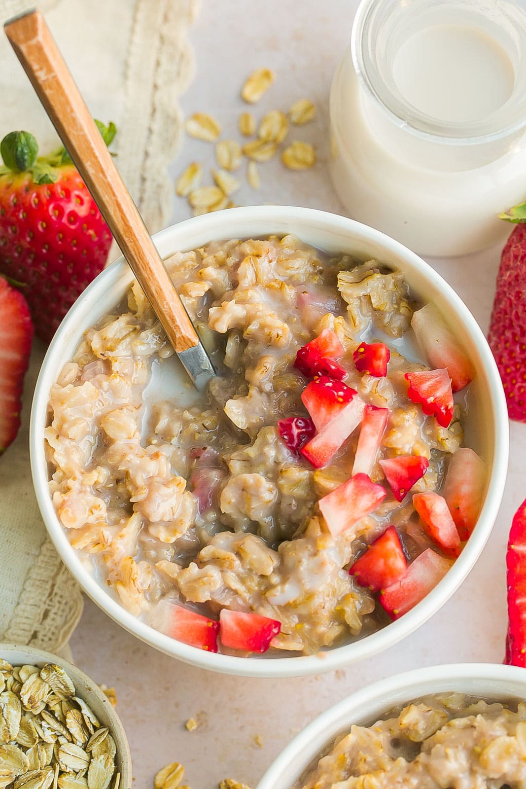 Strawberries on top with oatmeal. 