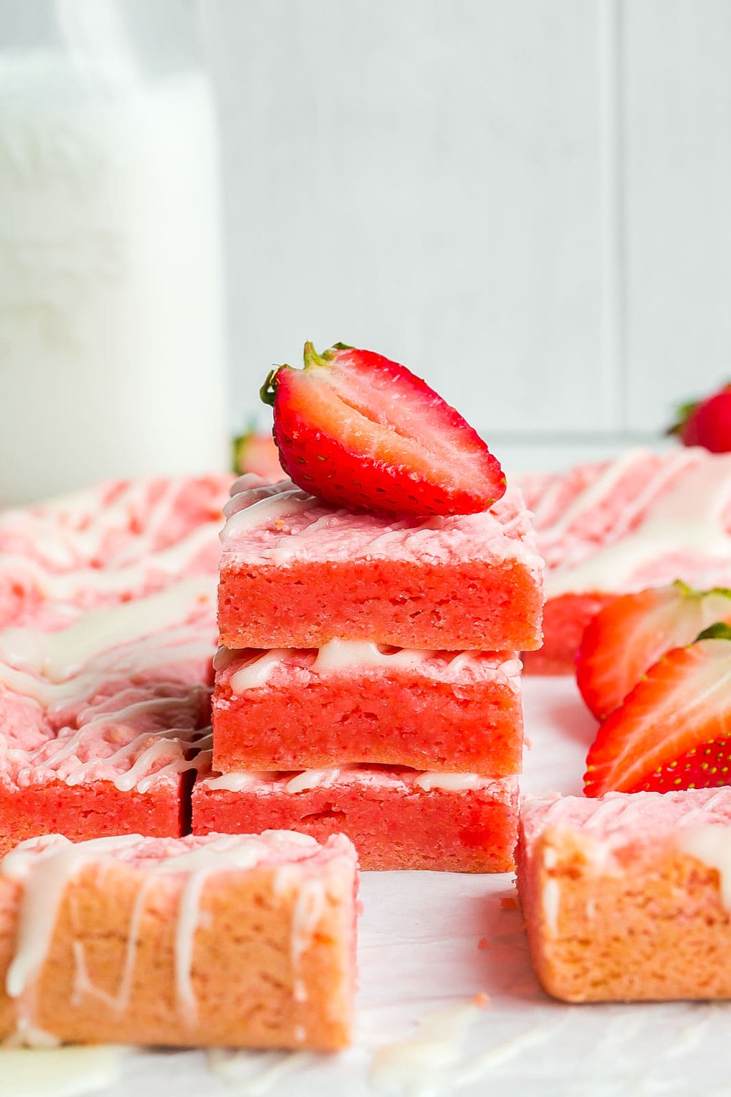 Stack of Strawberry Cake Mix Brownies.