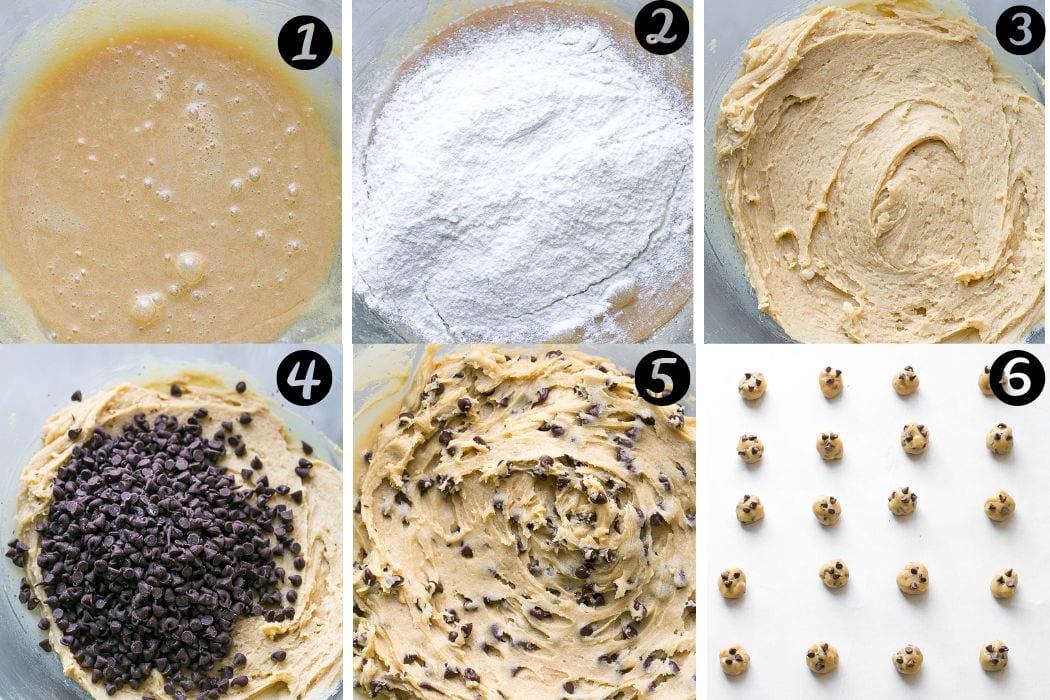 Step by step how to make mini chocolate chip cookies.