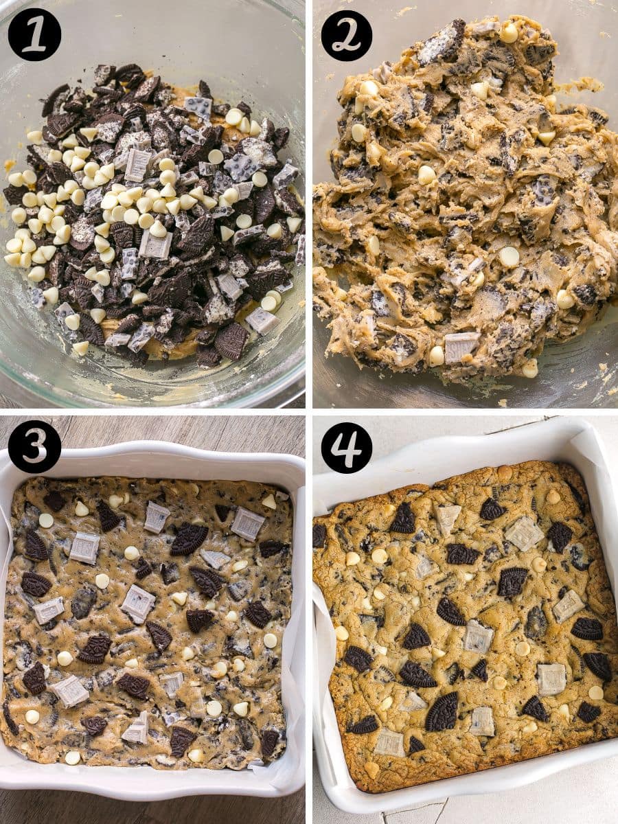 How to make cookie bars with chocolate sandwich cookies.