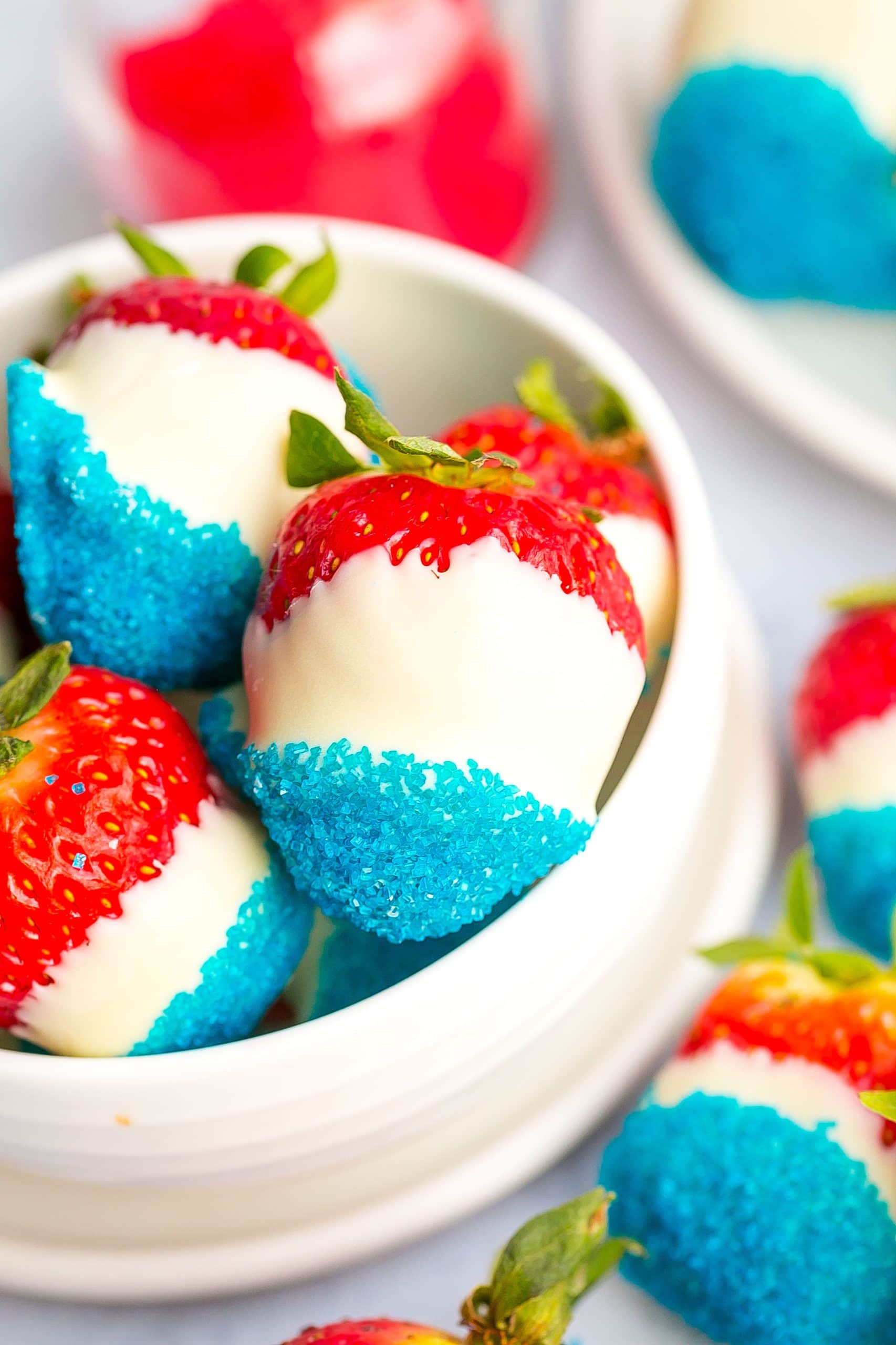 Close up view of Red, White, and Blue Strawberries.
