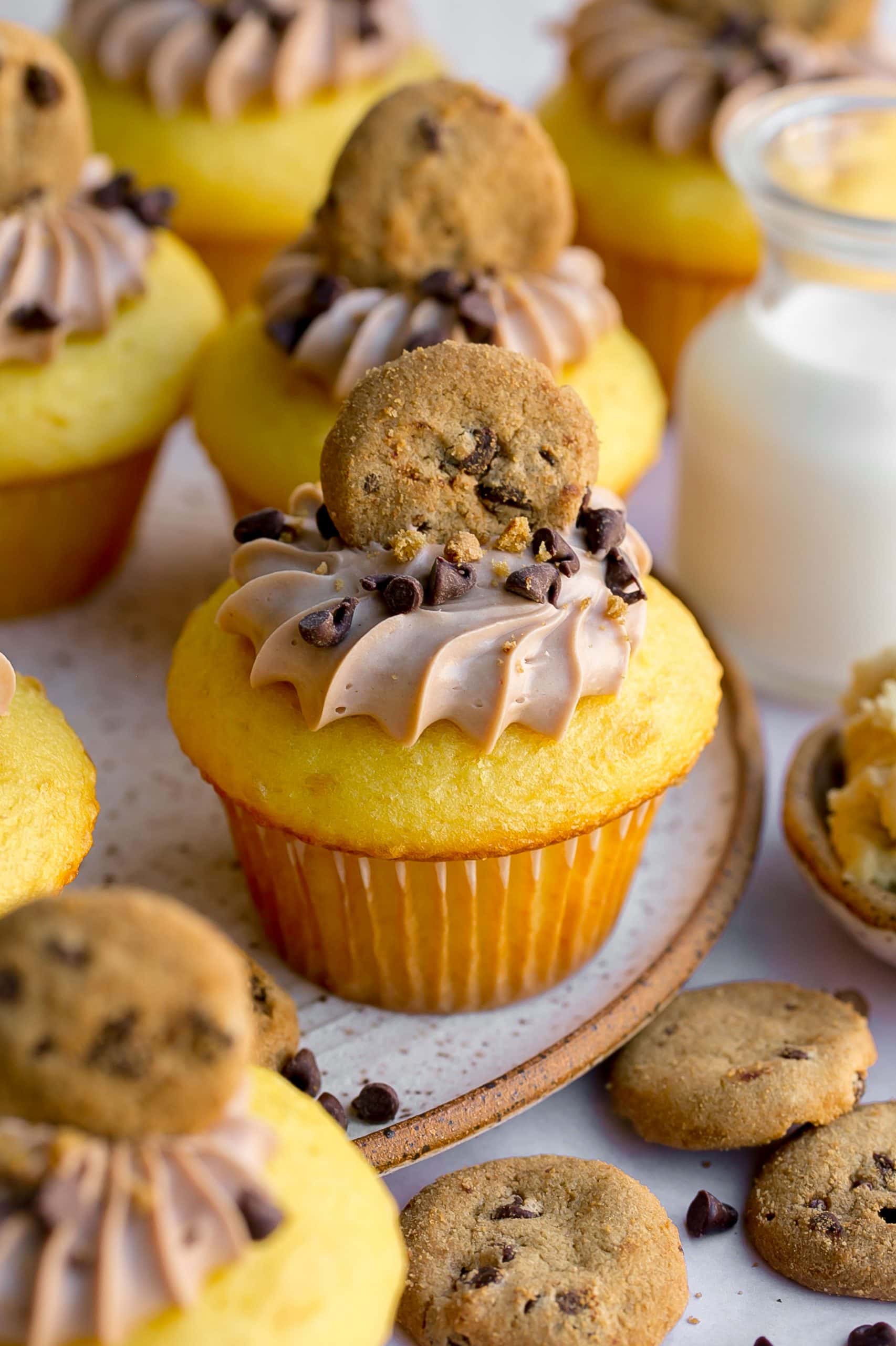 Chocolate Chip Cookie Dough Stuffed Cupcakes on plate.