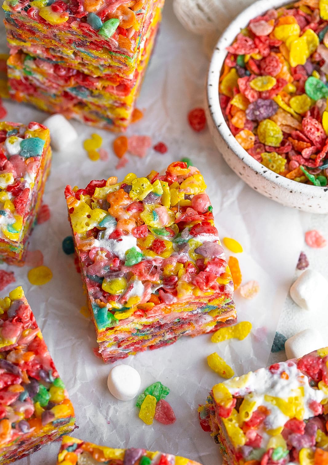 Marshmallow treat with fruity pebbles cereal.
