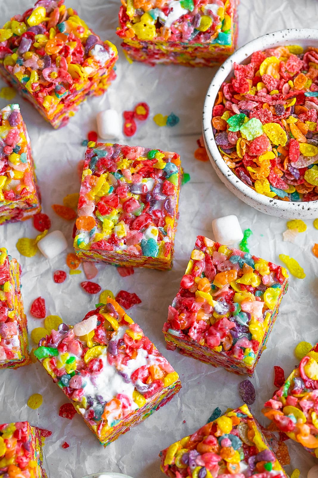 Colored rice treats with gooey marshmallows.
