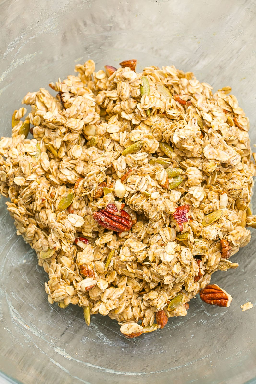 How to make protein granola recipe in a glass bowl.