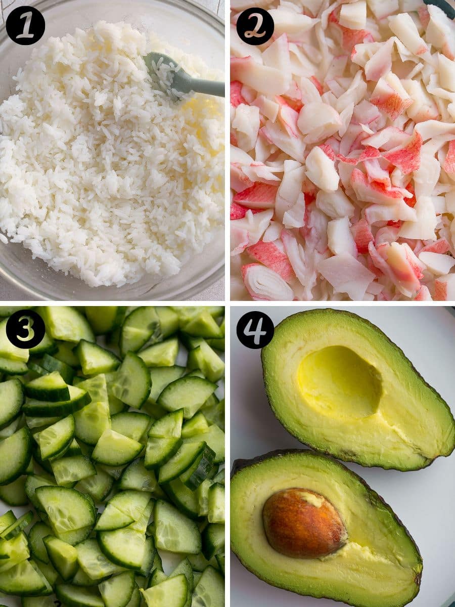 Rice, imitation crab cucumbers, and avocado. 