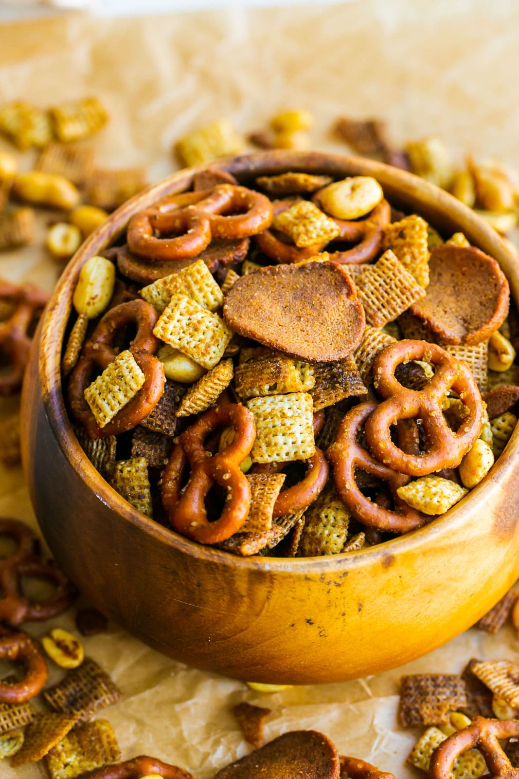 Bold chex mix in a bowl.