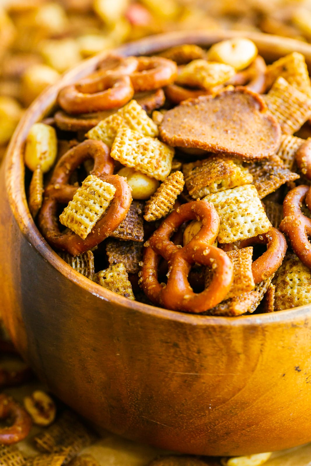 Close up of Chex cereal and pretzels.