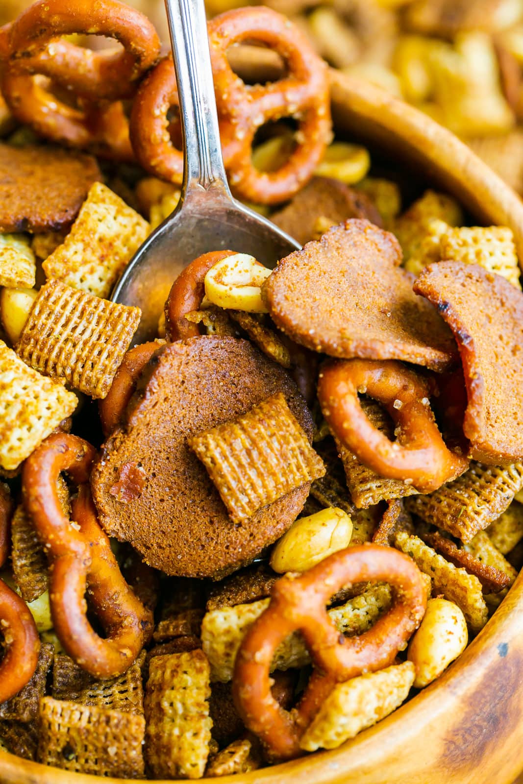 Spoonful of bold chex mix.