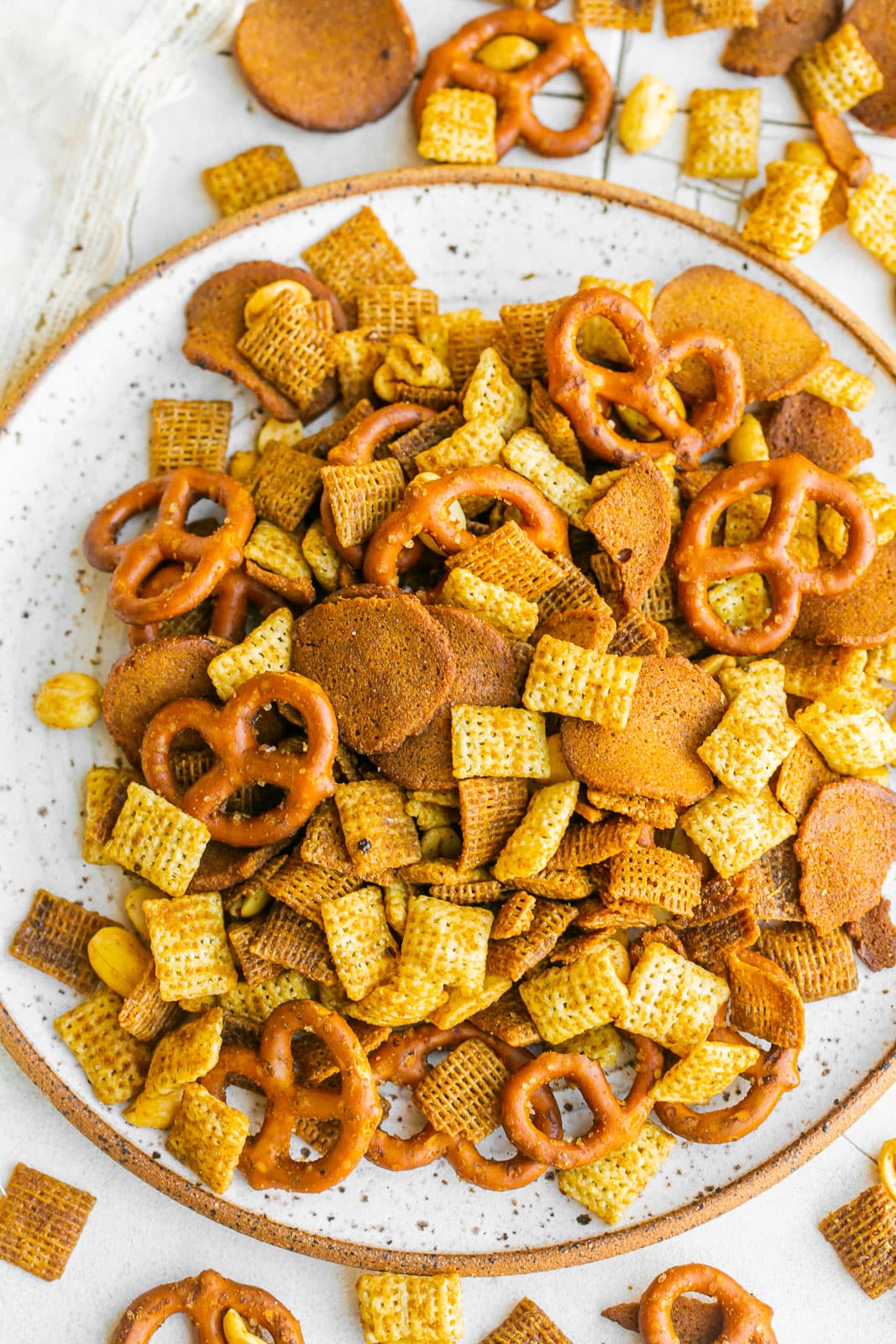 Bold chex mix on a plate.