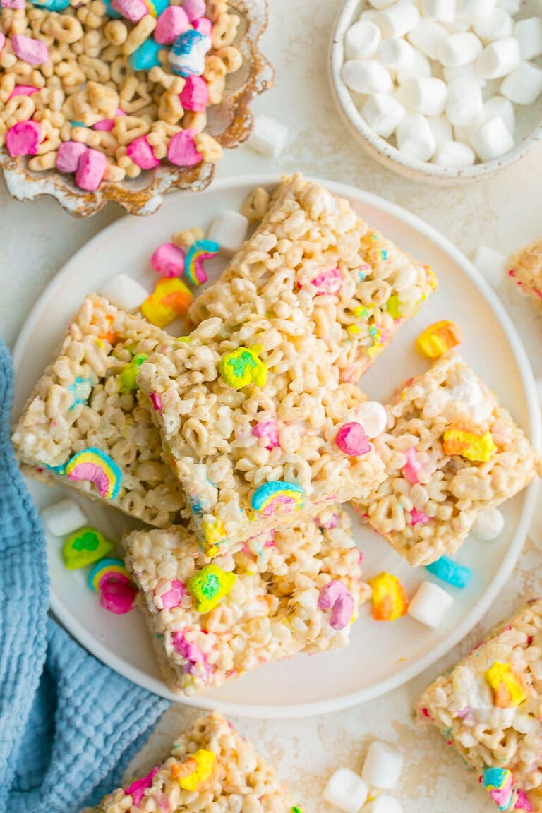 Lucky Charms Rice Krispie Treats on a plate.