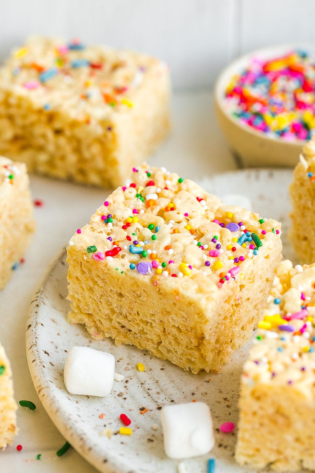 Protein Rice Krispie Treats with sprinkles on top.