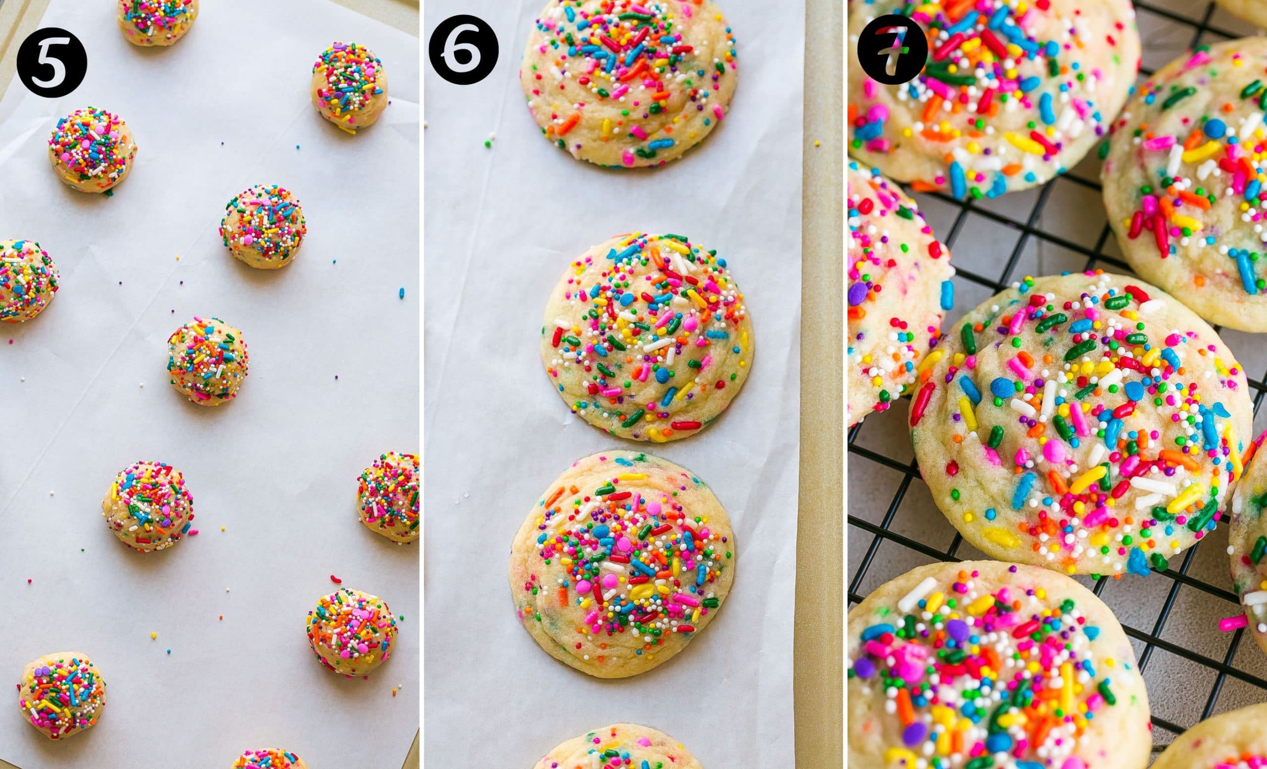 Cookie dough balls on baking sheet. 