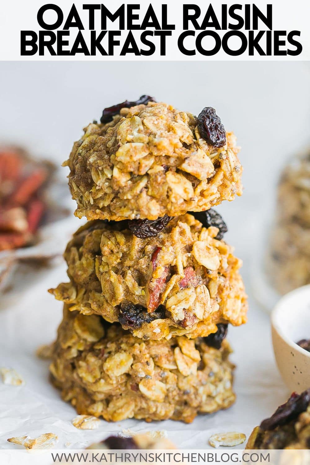 Oatmeal Raisin Breakfast Cookies make a perfect grab and go breakfast, snack or dessert. Made with wholesome ingredients and has no refined sugars or butter. Soft, chewy, and so satisfying! via @kathrynskitchen