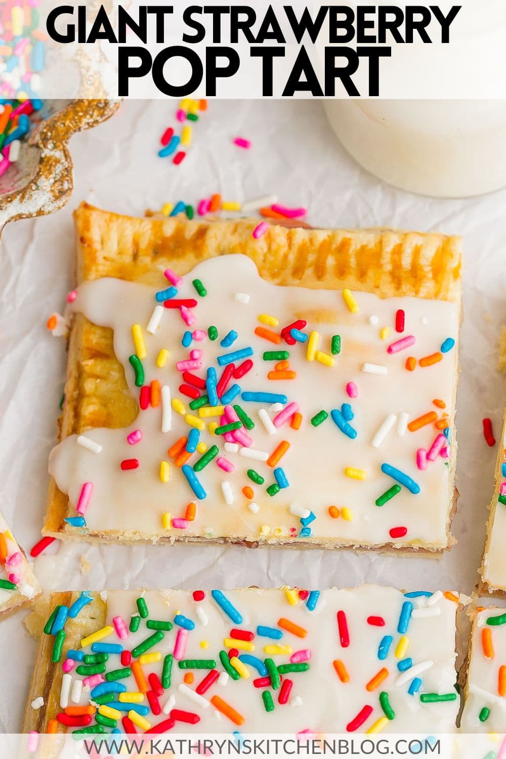 This Giant Strawberry Pop Tart is made with buttery store-bought pie crust, filled with strawberry jam, and topped with an easy glaze and rainbow sprinkles! Perfect for breakfast, dessert, or anytime you want a fun treat!
 via @kathrynskitchen