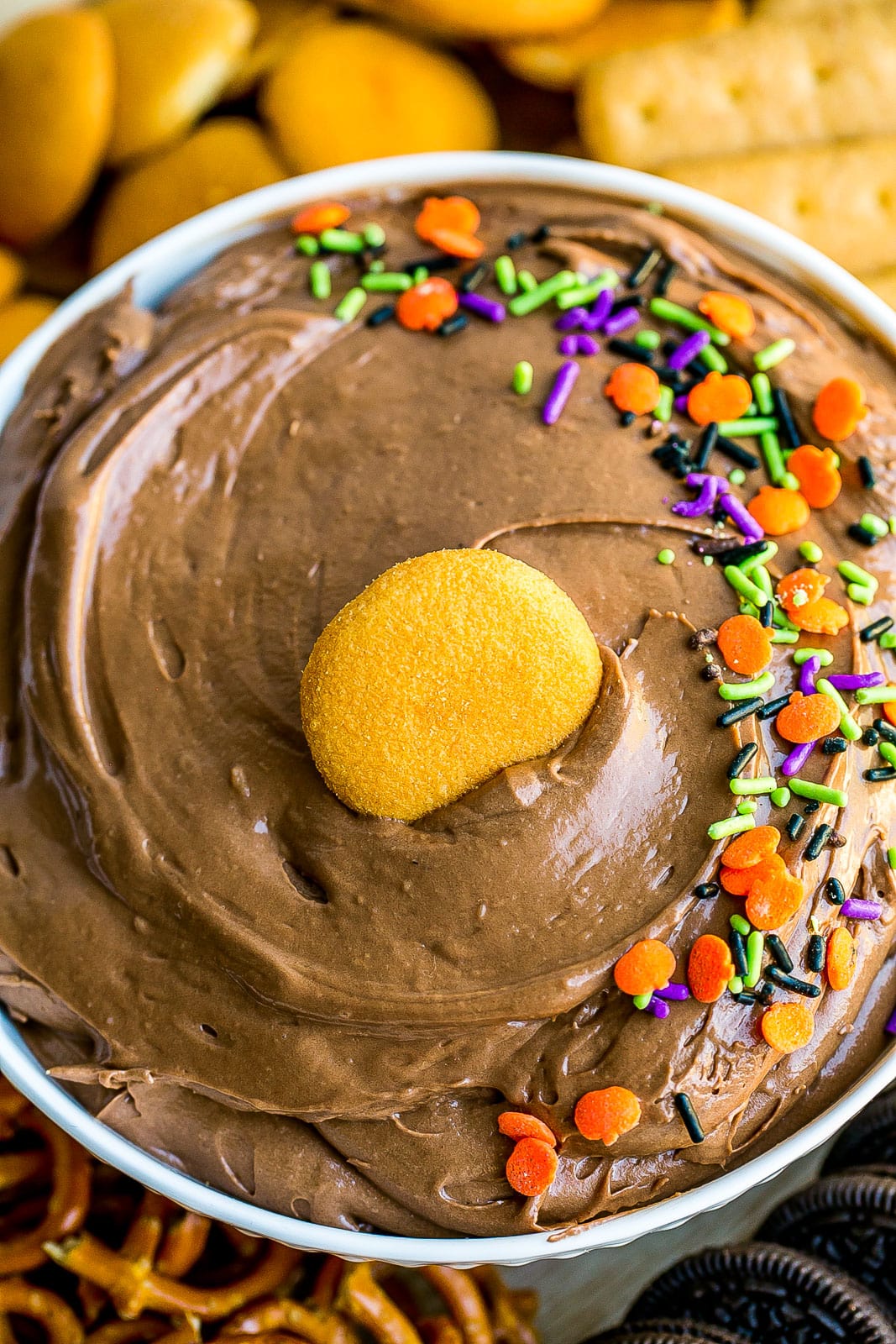 Close up of chocolate brownie dip in a bowl.