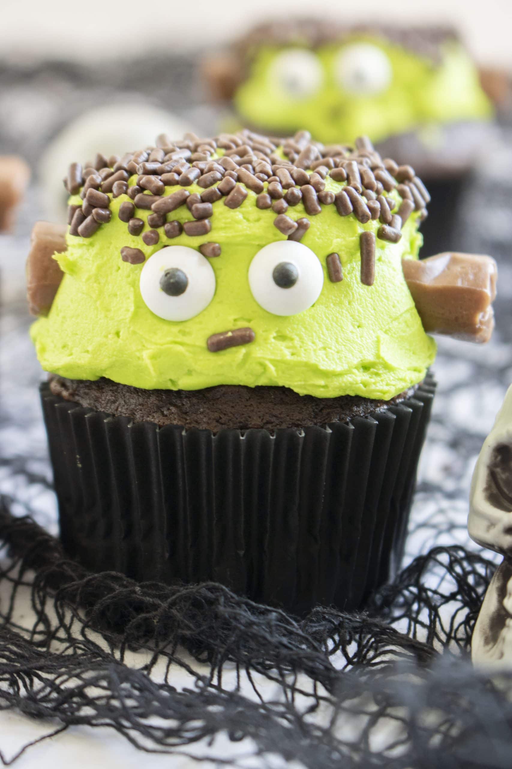 Close up of Frankenstein themed cupcake.