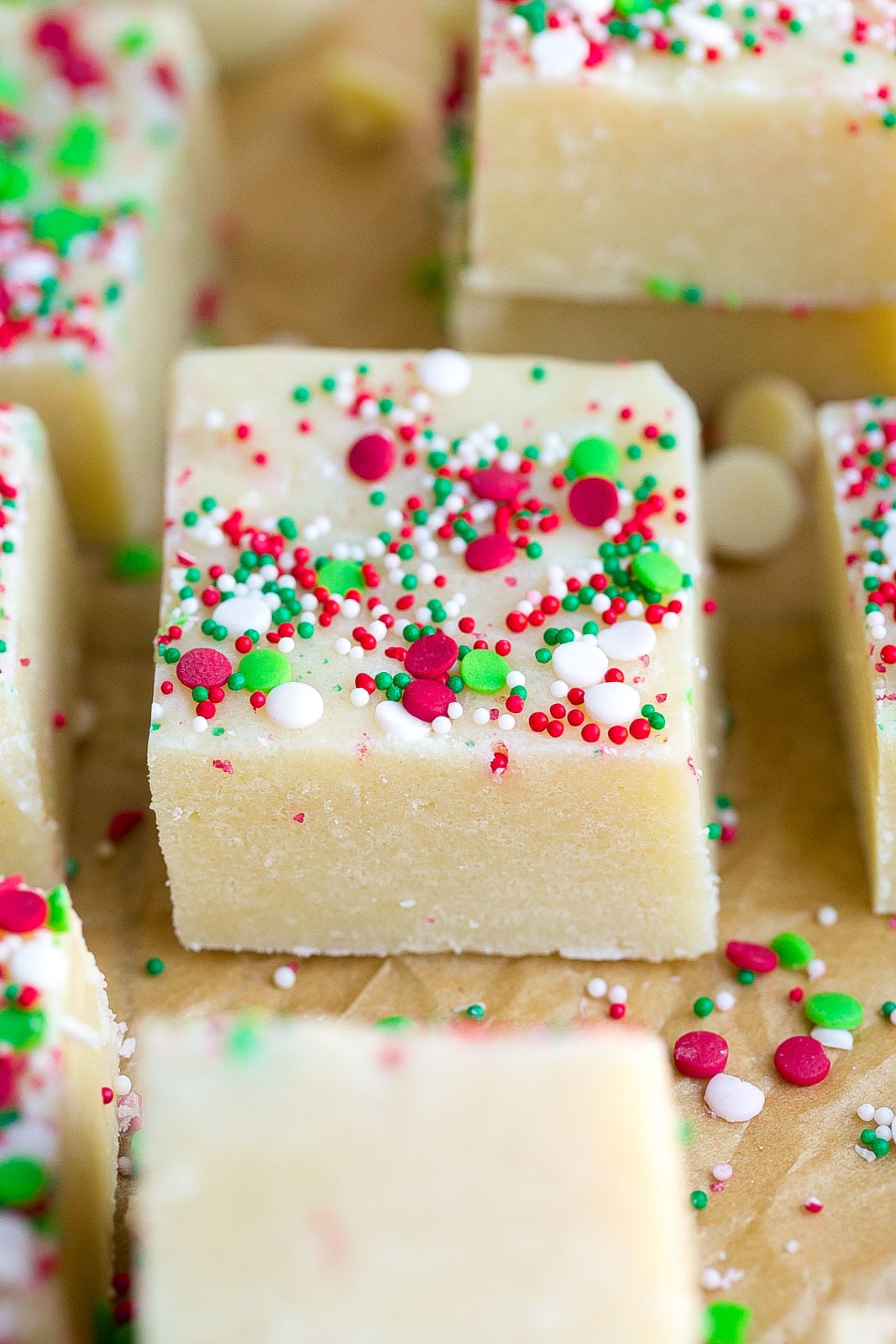 Holiday fudge on parchment paper.