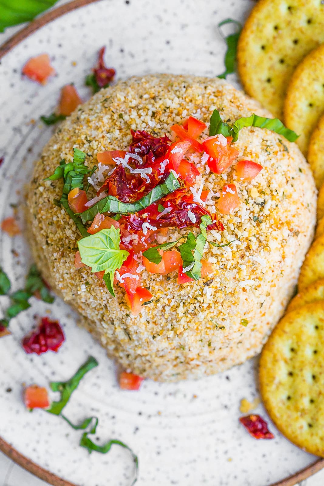 Top view of tomato basil cheese ball.