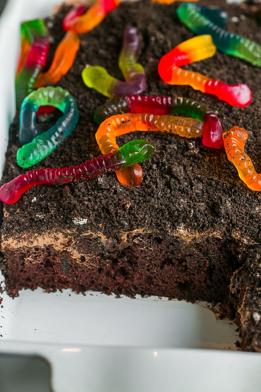 Inside view of a chocolate pudding Oreo cake with gummy worms.