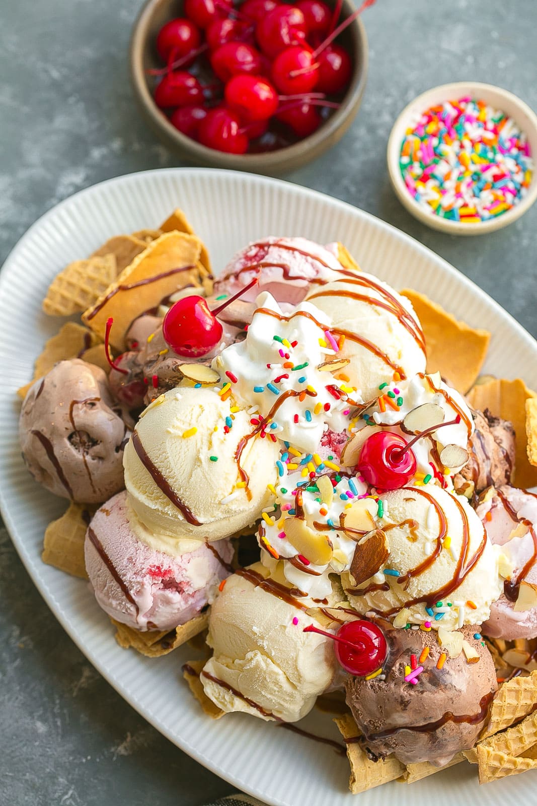 Ice cream nachos on a large platter.