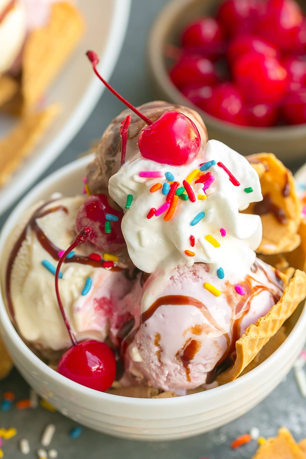 Close up of ice cream sundae in a bowl.