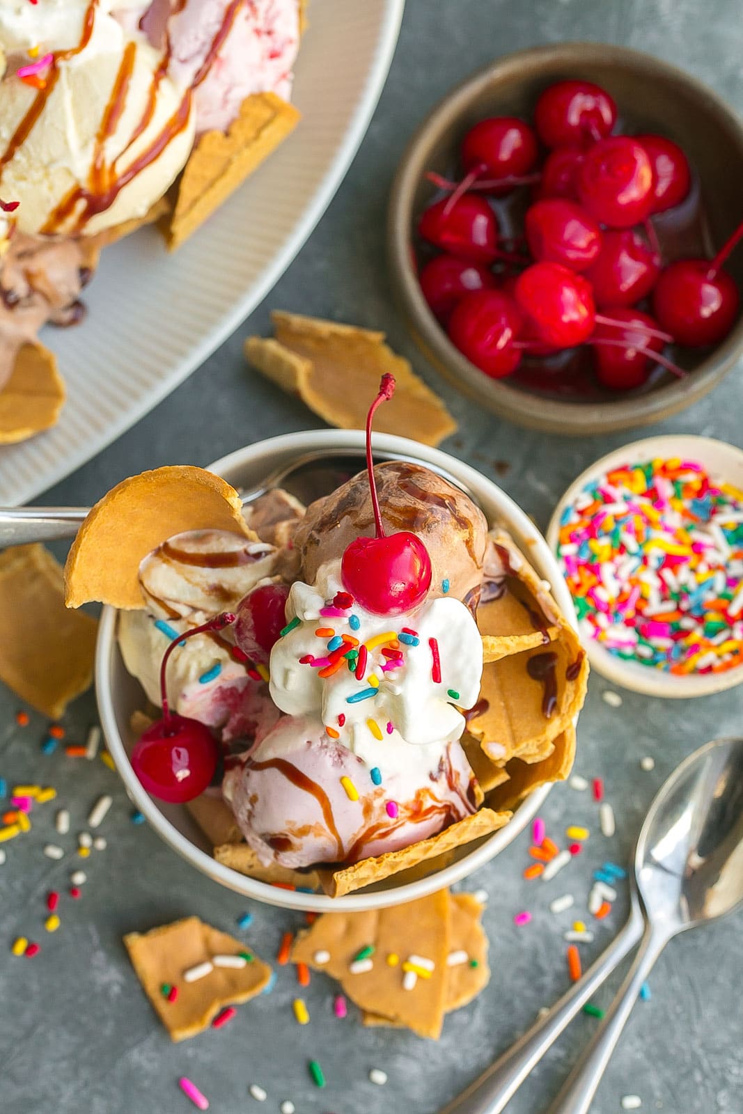 Ice cream and waffle chips in a small bowl.