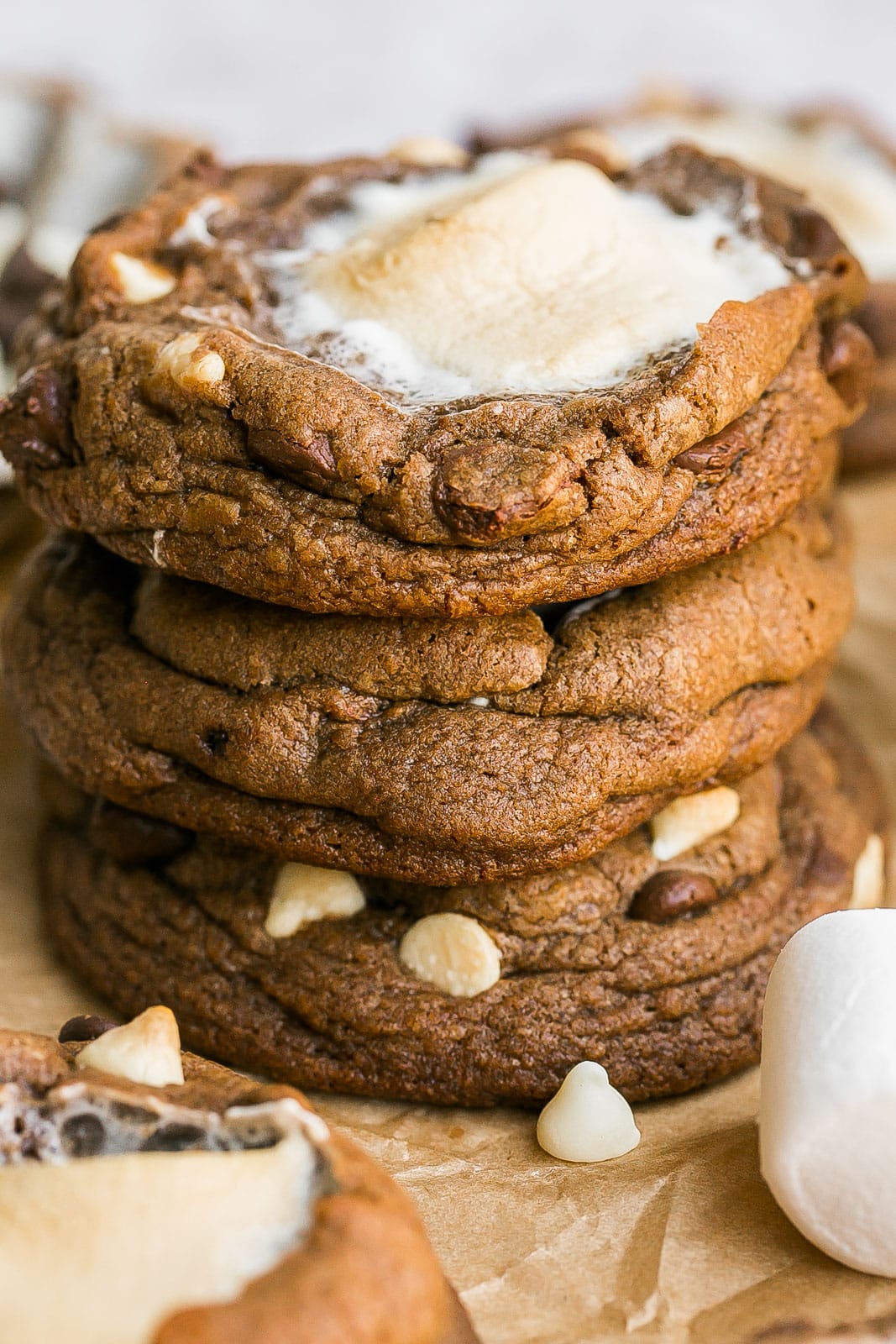 Close up stack of marshmallow cookies with chocolate chips.