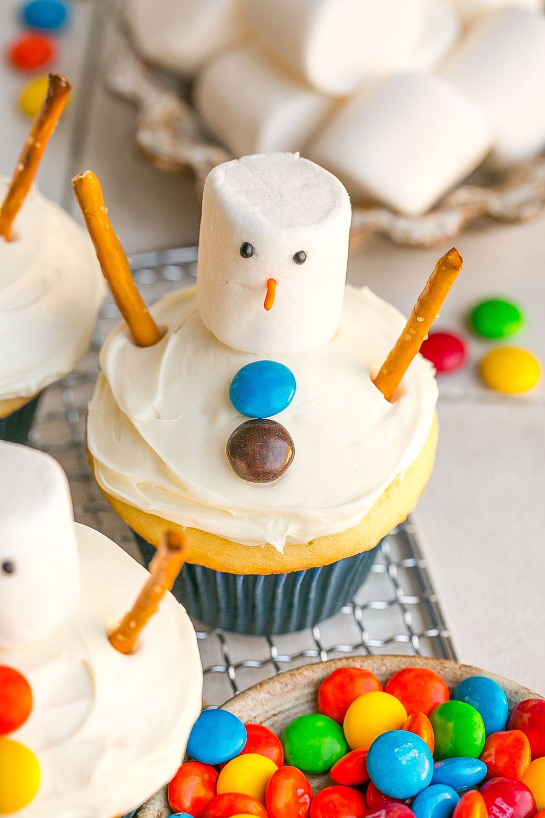 Close up of melted snowman cupcake.