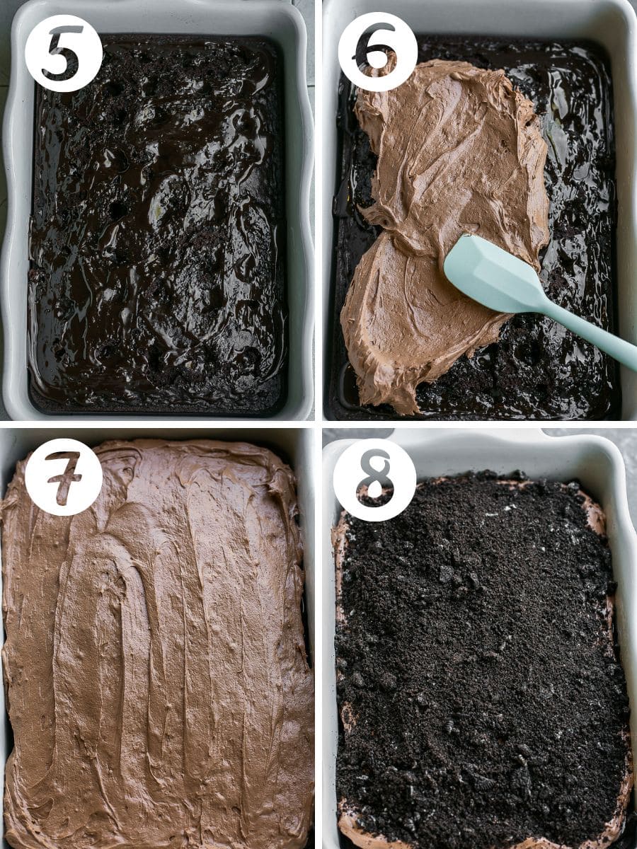 Process photos of how to make Oreo Cake.