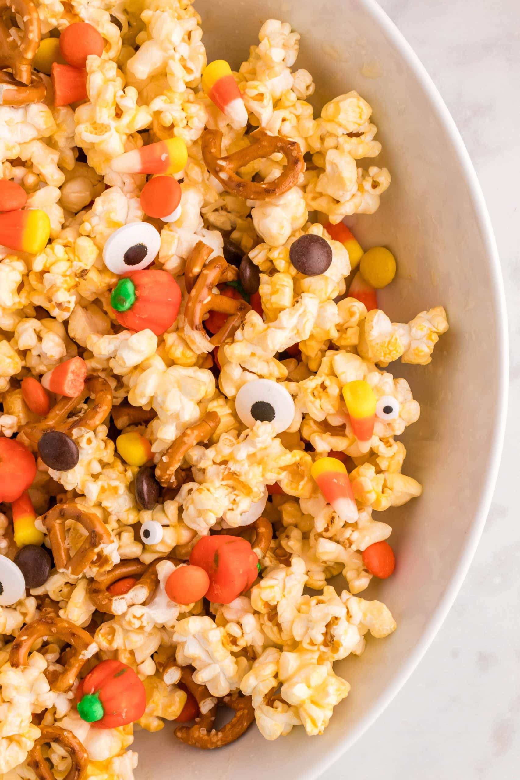 Bowl of Halloween themed popcorn.