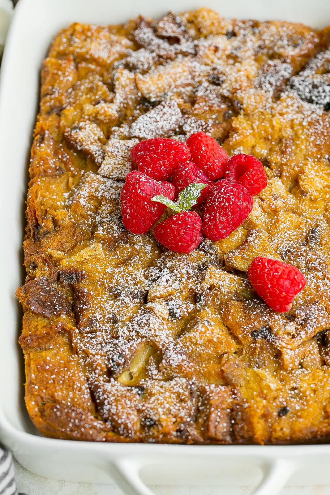 Panettone bread pudding in baking dish. 